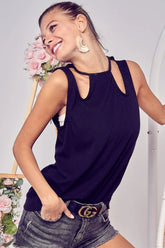 BiBi Rib Knit Shoulder Cut Out Detaied Top OutfitFlow